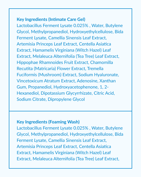 full ingredients list for intimate care gel and foaming wash