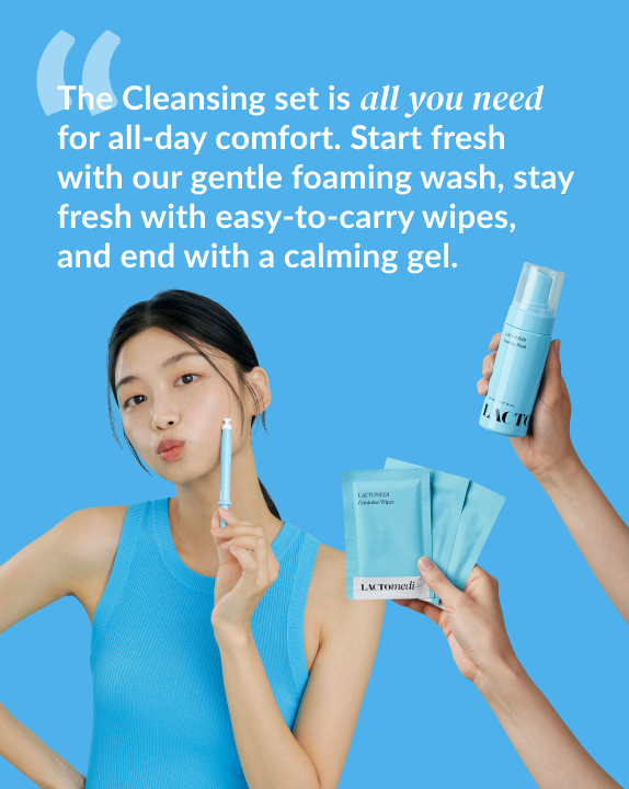 cleansing set description - the cleansing set is all you need for all-day comfort. start fresh with our gentle foaming wash, stay fresh with easy to carry wipes, and end with a calming gel.