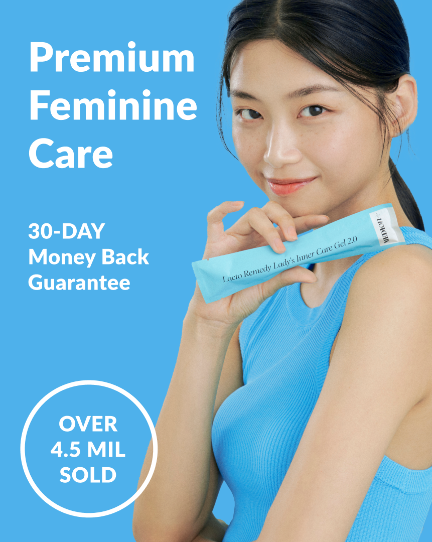 woman holding the intimate care gel - along with 30 day money back guarantee
