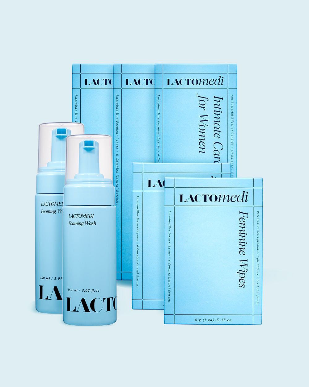 Three boxes of intimate care gel, two foaming wash, two boxes of feminine wipes